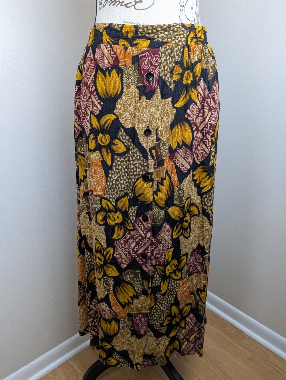 Options Melrose Button Front Midi Skirt 90's African Tribal Print 18W 1X Stretch